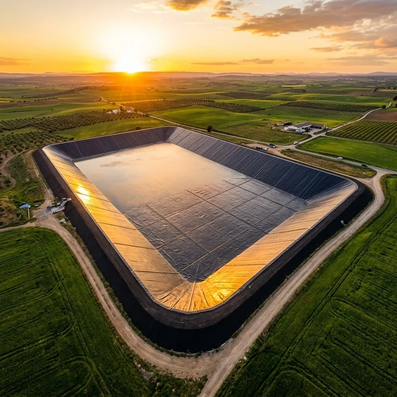 Aerial view of a massive agricultural reservoir lined with black HDPE geomembrane sheets at sunset