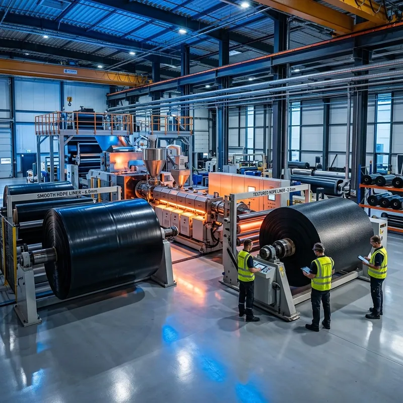 State-of-the-art factory extrusion line producing large rolls of smooth and textured black HDPE geomembrane