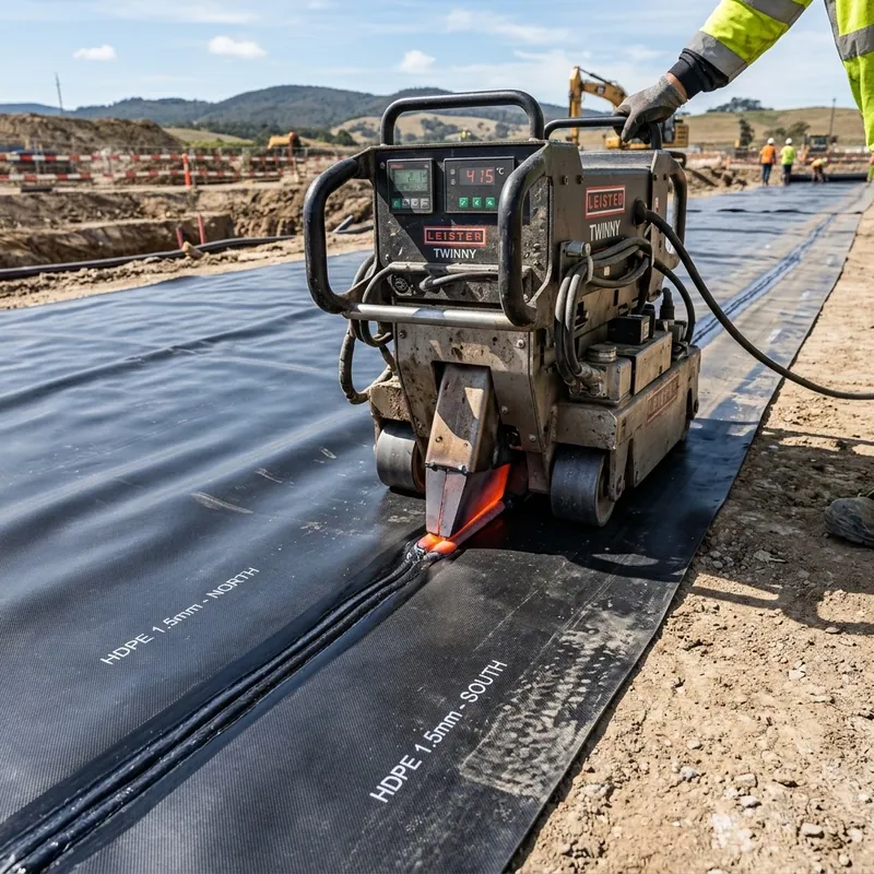 Double-track hot wedge welding machine working on a field seam of two black HDPE sheets