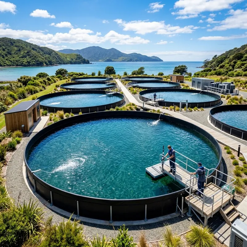Commercial fish farm ponds lined with black geomembrane under a blue sky