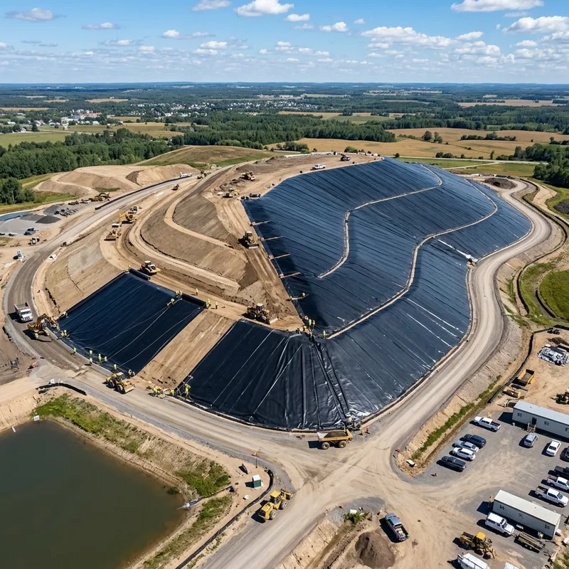 Aerial view of a massive landfill capping project using a highly flexible black LLDPE geomembrane cover, sealing the landscape in a professional construction site under a bright blue sky