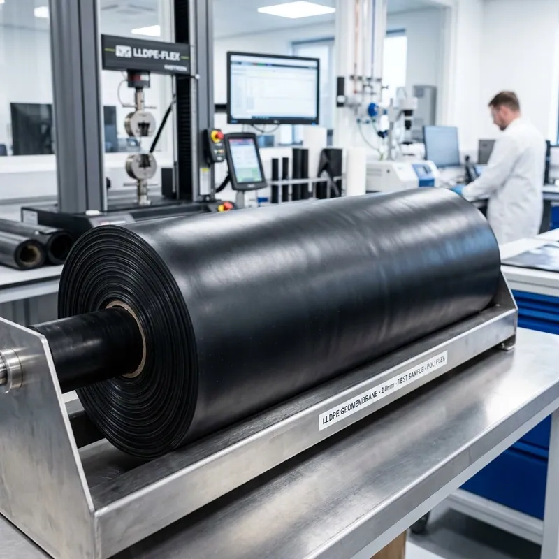 Close-up of a highly flexible black LLDPE geomembrane roll showing its smooth, puncture-resistant polymer surface in a state-of-the-art laboratory or testing facility with clean, high-tech modern lighting