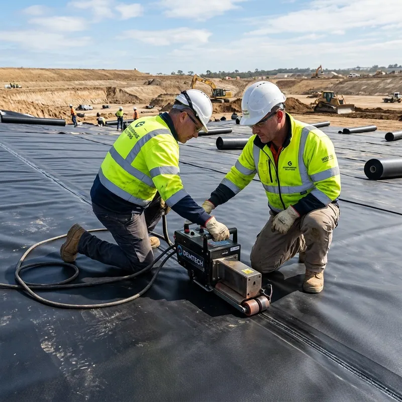 Professional technicians operating a hot wedge welding machine to join two rolls of black LLDPE geomembrane sheets in a vast construction site, producing a secure double seam under beautiful sunshine