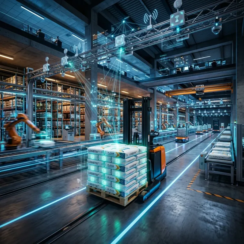 Smart RFID pallet tracking in futuristic warehouse